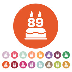 The birthday cake with candles in the form of number 89 icon. Birthday symbol. Flat