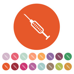 The syringe icon. Injector and hypodermic, preparation, medicine,  vaccine symbol. Flat