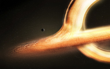 Gargantua galaxy design, Graphic 3d illustration, Red wormhole or Black hole shine in space, inspiration from interstellar movie, night sky background  - obrazy, fototapety, plakaty