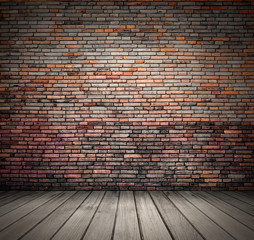 Blank vintage room with wood floor and brick grunge wall background