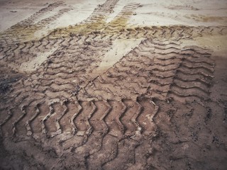 Wheel tracks on the soil.
