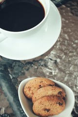 Hot coffee with chocolate cookies