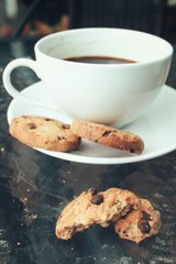 Hot coffee with chocolate cookies