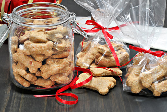 Packaging dog biscuits for Christmas.