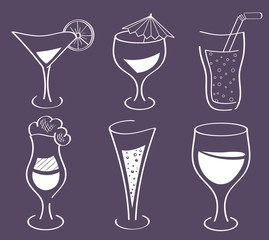Glass, wineglass. Coctails, champagne, wine, martini, lemonade, juice