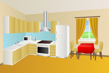 Modern kitchen room beige yellow blue table red chair window illustration vector