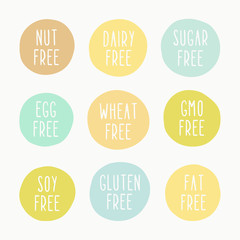 Nut, dairy, sugar, egg, wheat, gmo, soy, gluten, fat free signs