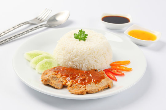 Steamed Rice with Roasted Pork Sauce (Thai Food)
