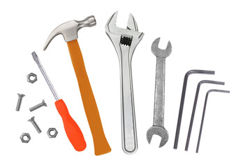 Hammer, screwdriver and wrenches isolated on white