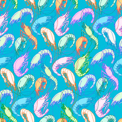 Shrimps. Seamless pattern background. Drawn illustration, sketch, doodle - 90189979
