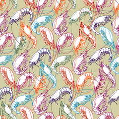 Shrimps. Seamless pattern background. Drawn illustration, sketch, doodle