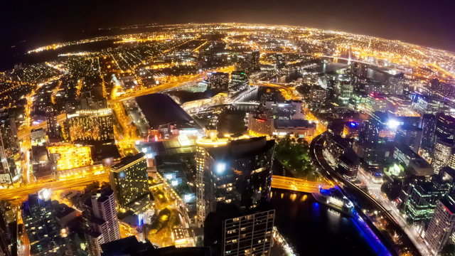 Timelapse video of Melbourne city at night, fisheye view, camera revolving
