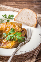 Dish of cabbage stuffed with meat.