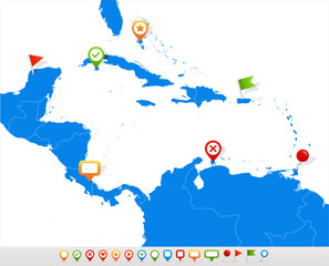 Vector illustration of Central America map and navigation icons.