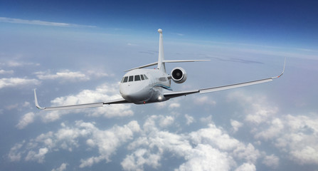 Frontal view of a private jet flying