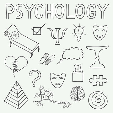 Psychology hand drawn doodle set and typography