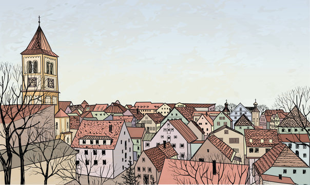 Perspective houses sketch. Pedestrian street in the old European city Burglengenfeld, Bavaria, Germany. Hand drawing background with church. Historical cityscape. 