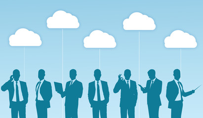 Business people silhouettes with clouds on blue background