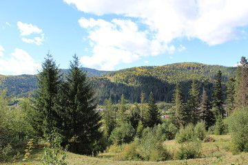 view of the picturesque mountains peaks in early autumn