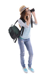Traveler with camera isolated on white