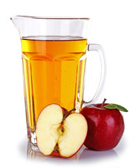 Full jug of apple juice and fruit isolated on white