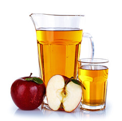 Full jug and glass of apple juice with fruit isolated on white