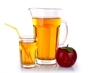 Full jug and glass of apple juice with fruit isolated on white