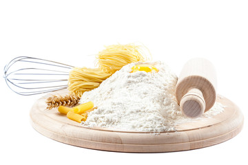 Baking ingredients for cooking on white background.