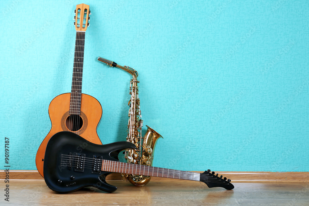 Canvas Prints Musical instruments on turquoise wallpaper background