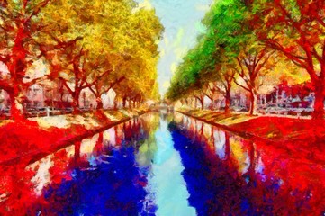 Water canal in Dusseldorf colorful psychedelic landscape oil painting © ivan604
