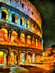 Colorful illumination of Colliseum at night painting