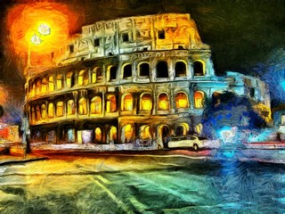 Bright illumination of Colliseum at night painting