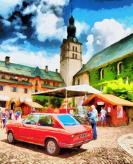 Fototapeta na wymiar European town tourists square and red car oil painting