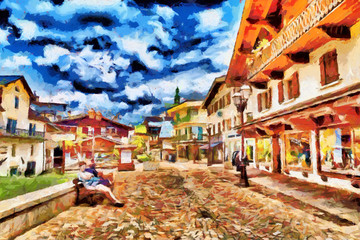 Fototapeta na wymiar Small european town tourists square oil painting