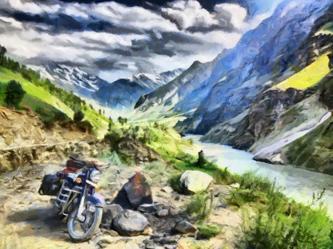 Motorcycle adventure at Himalaya mountains oil painting