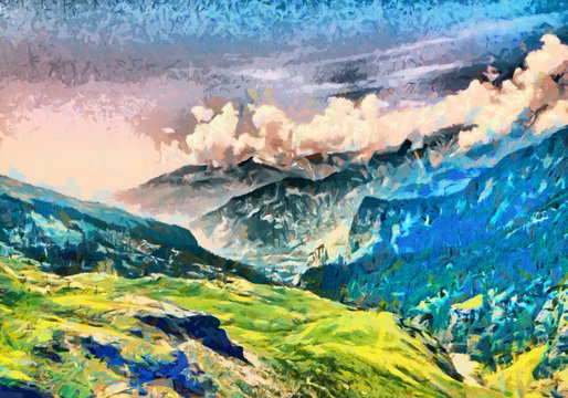 Bright green morning at Himalaya mountains oil paintings