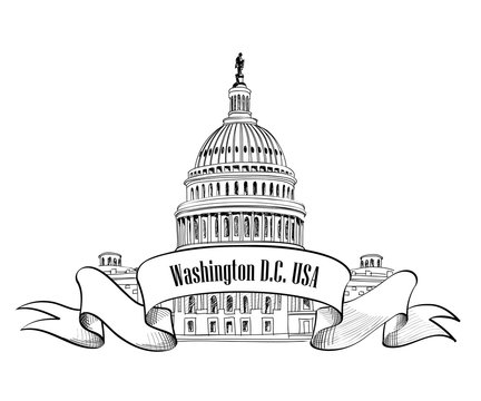 Washington DC Capitol landscape, USA. Hand Drawn Pencil Vector Illustration. travel sketch label