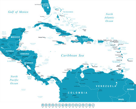 Central America map - highly detailed vector illustration. Image contains land contours, country and land names, city names, water object names, navigation icons.