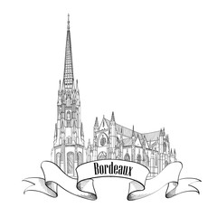 Naklejka premium Bordeaux City Skyline Design. Travel France landmark doodle retro label