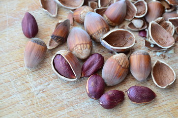 Cracked hazelnuts(filberts) on an wooden table
