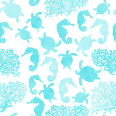 Fototapeta na wymiar watercolor seamless pattern with ocean animal sea Horse, turtle, coral.
