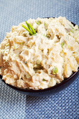 Patato and avocado mash garnished with mayonnaise