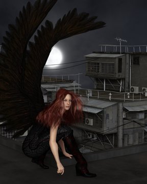 Fantasy Illustration Of A Female Urban Guardian Angel Crouching On A City Rooftop On A Dark Night With Full Moon, 3d Digitally Rendered Illustration