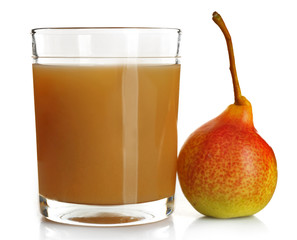Fresh pear juice with fruit isolated on white