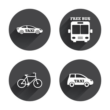 Public transport icons. Free bus, bicycle signs.