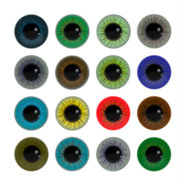 set of colorful irises of human eyes