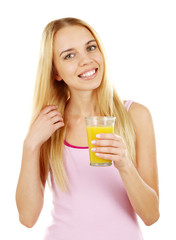Young beautiful woman with glass of fresh orange juice, isolated on white