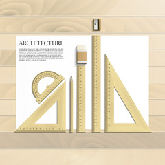 Obraz premium Workplace art board, paper, ruler, protractor, pencils, eraser and sharpener realistic on a wooden background