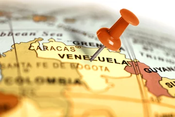 Abwaschbare Fototapete Südamerika Standort Venezuela. Roter Stift auf der Karte.