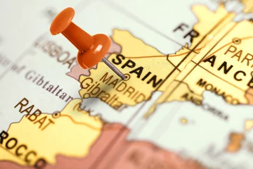 Foto auf Acrylglas Europäische Orte Standort Spanien. Roter Stift auf der Karte.